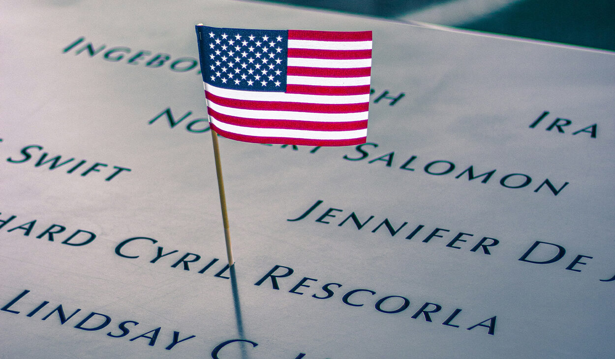 An American flag is pegged in the name of Richard Cyril Rescorla at the 9/11 Memorial in New York City.