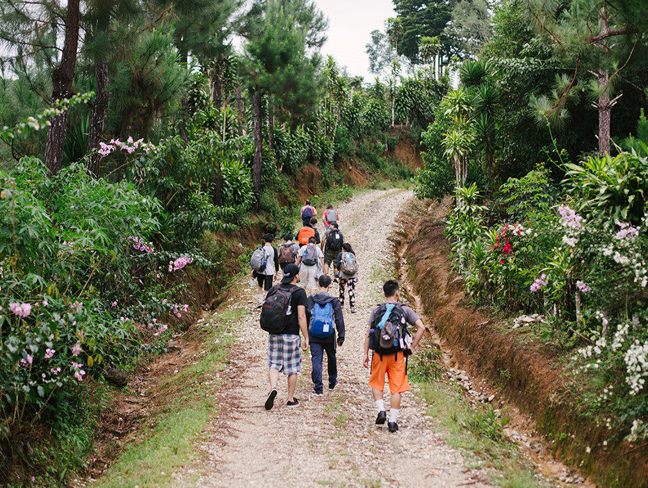A group of people walking down a path in the middle of the jungle in latin america