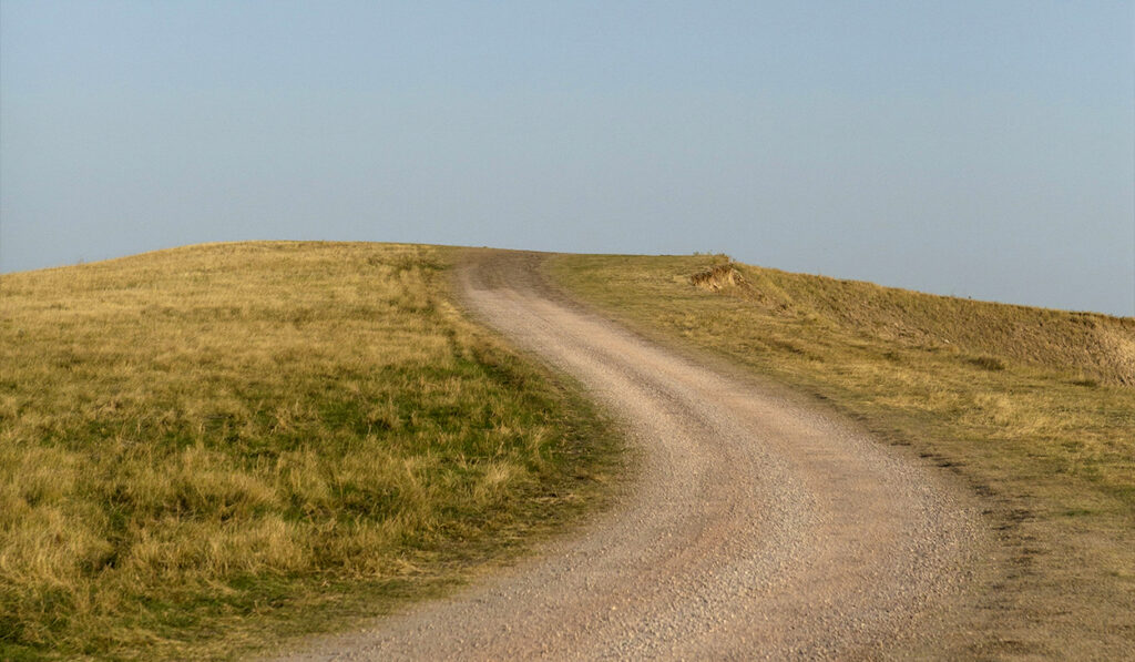 A dirt road with grass on either side goes up a hill. The sky in the background is clear.