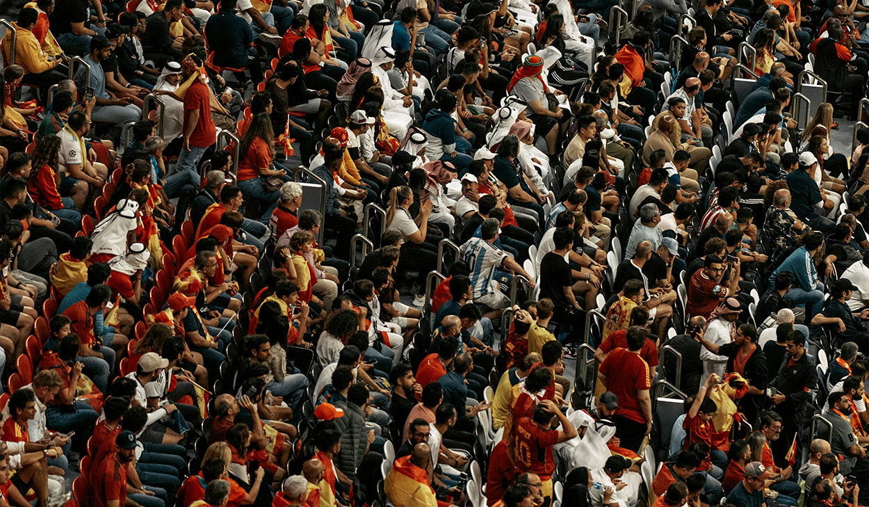 Fans sit in the stands at a match.