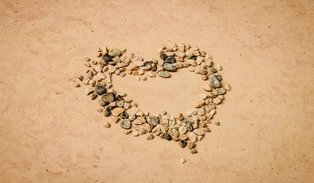 Various rocks are arranged on the ground to form a heart.