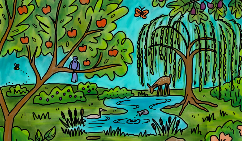 An illustration of Eden with trees, water, and animals.