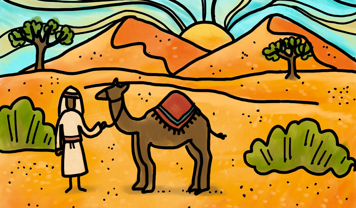 An illustration of a man in a desert with a camel.