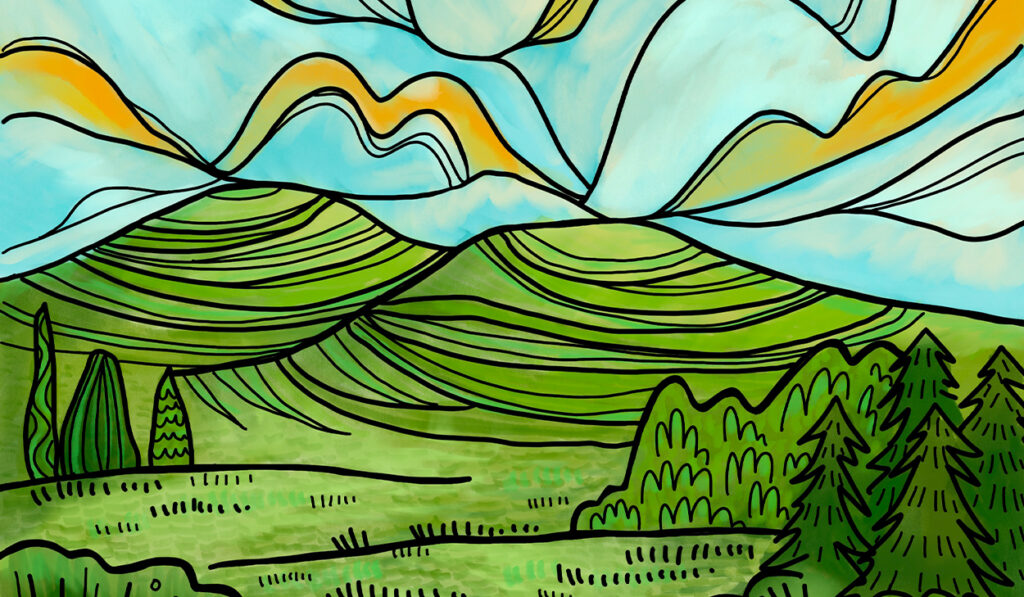 An illustration of mountains and a forest.