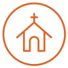 Orange icon of a church inside a circle.