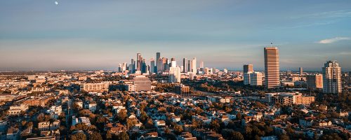 A skyline view of a city with skyscrapers and houses.